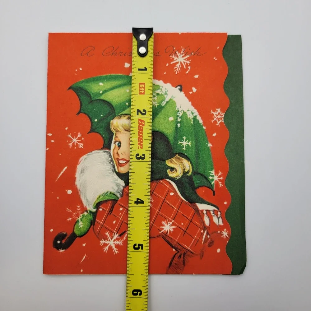 Vintage Art Guild Williamsburg Christmas Card Girl Umbrella‎ 1950s Signed